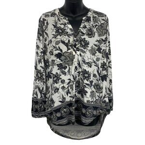 Lucky Brand Women Size Medium M Floral Blouse Top Tunic 3/4 Sleeve V-Neck New